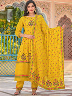 Sangria Yellow Floral Printed & Mirror Work Cotton Anarkali Kurta With Trouser & Dupatta | Grocsy