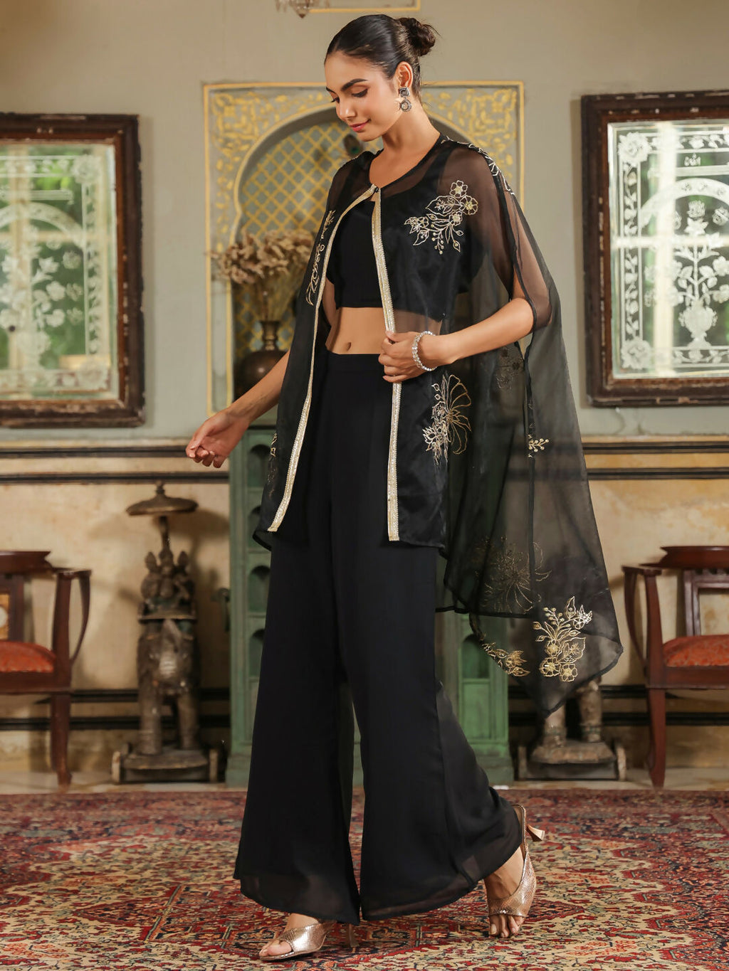 Janasya Black Georgette Solid Top Bottom Cape | Grocsy