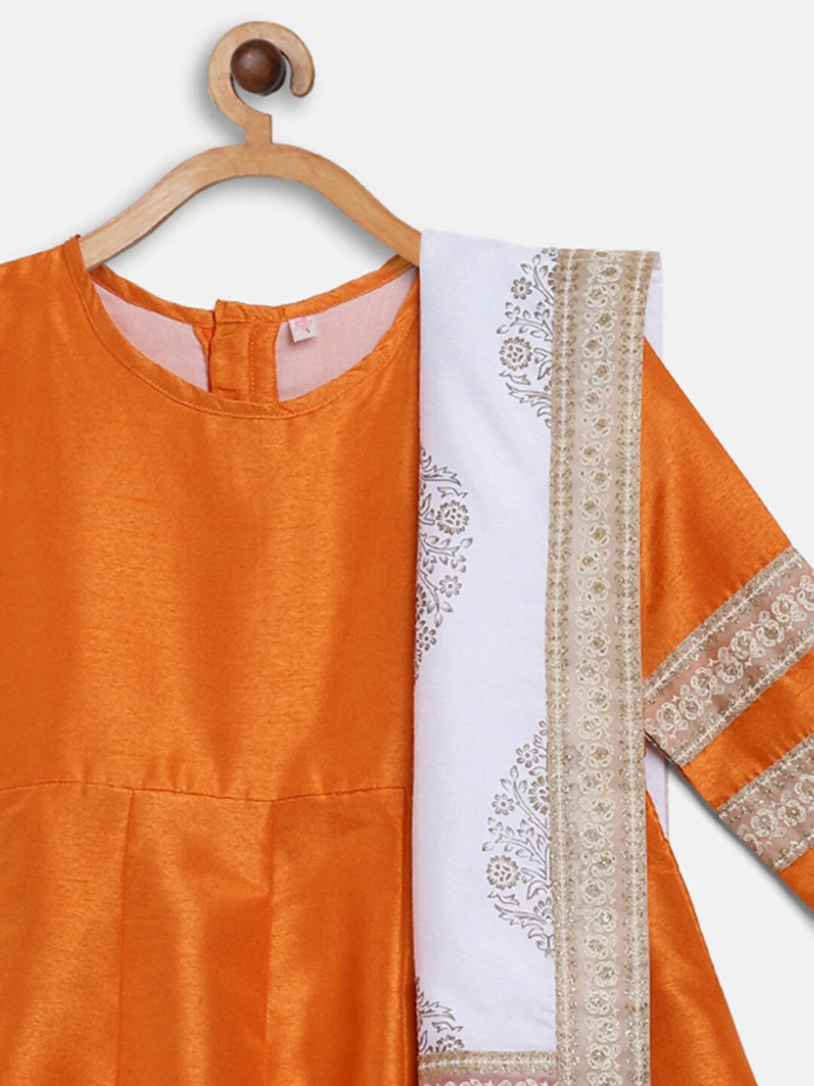 Ahalyaa Orange Poly Silk Anarkali Kids Kurta With Dupatta Set For Girls | Grocsy