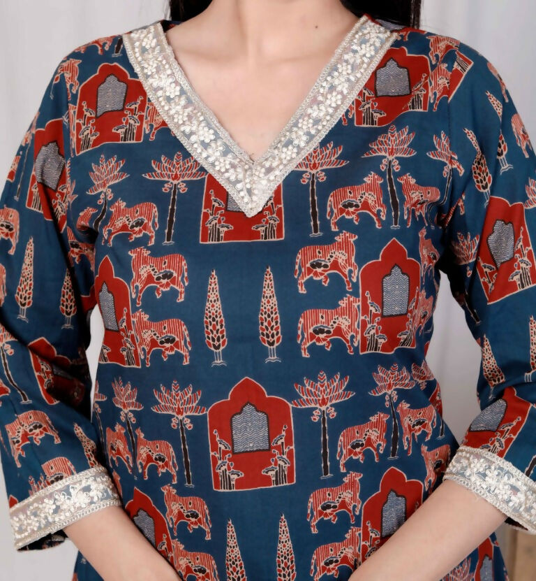 Miravan Women's Blue Pure Cotton Animal Printed Zari Lace Work Anarkali Kurta And Palazzo Set | Grocsy