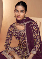 Wine Real Chinnon Embroidered Wedding Festive Palazzo Suit - Emponline | Grocsy
