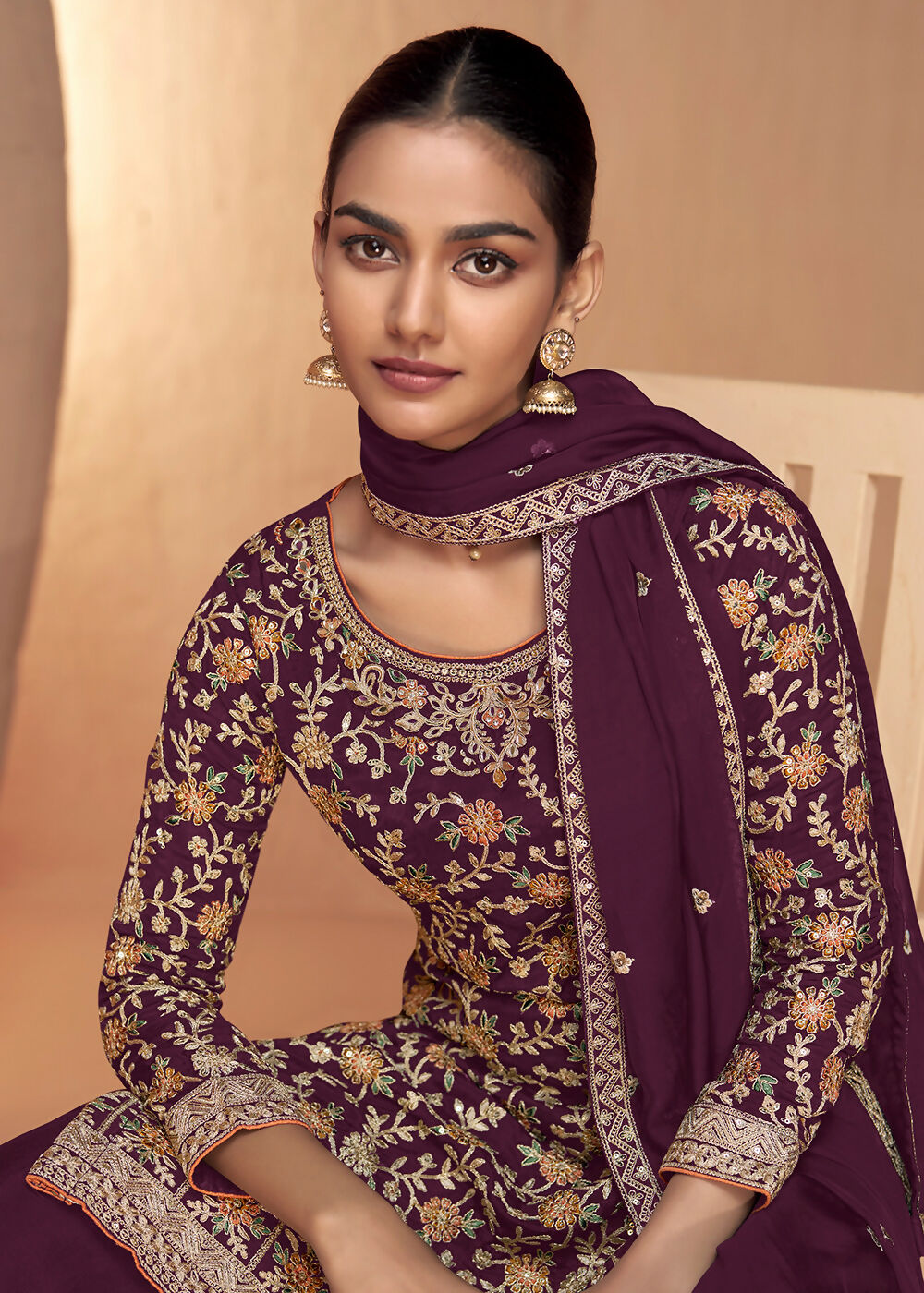Wine Real Chinnon Embroidered Wedding Festive Palazzo Suit - Emponline | Grocsy