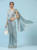 Sky Blue Silk Satin Plain Ready to wear Saree with stitched Blouse - Vrinda | Grocsy