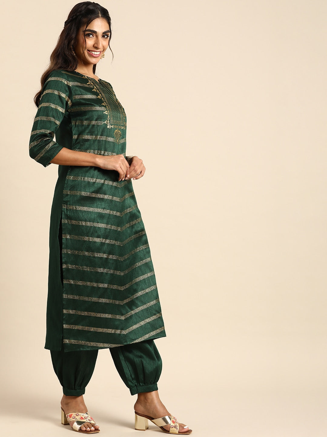Sangria Women Green & Gold- Toned Ethnic Motifs Printed Kurta with Salwar | Grocsy