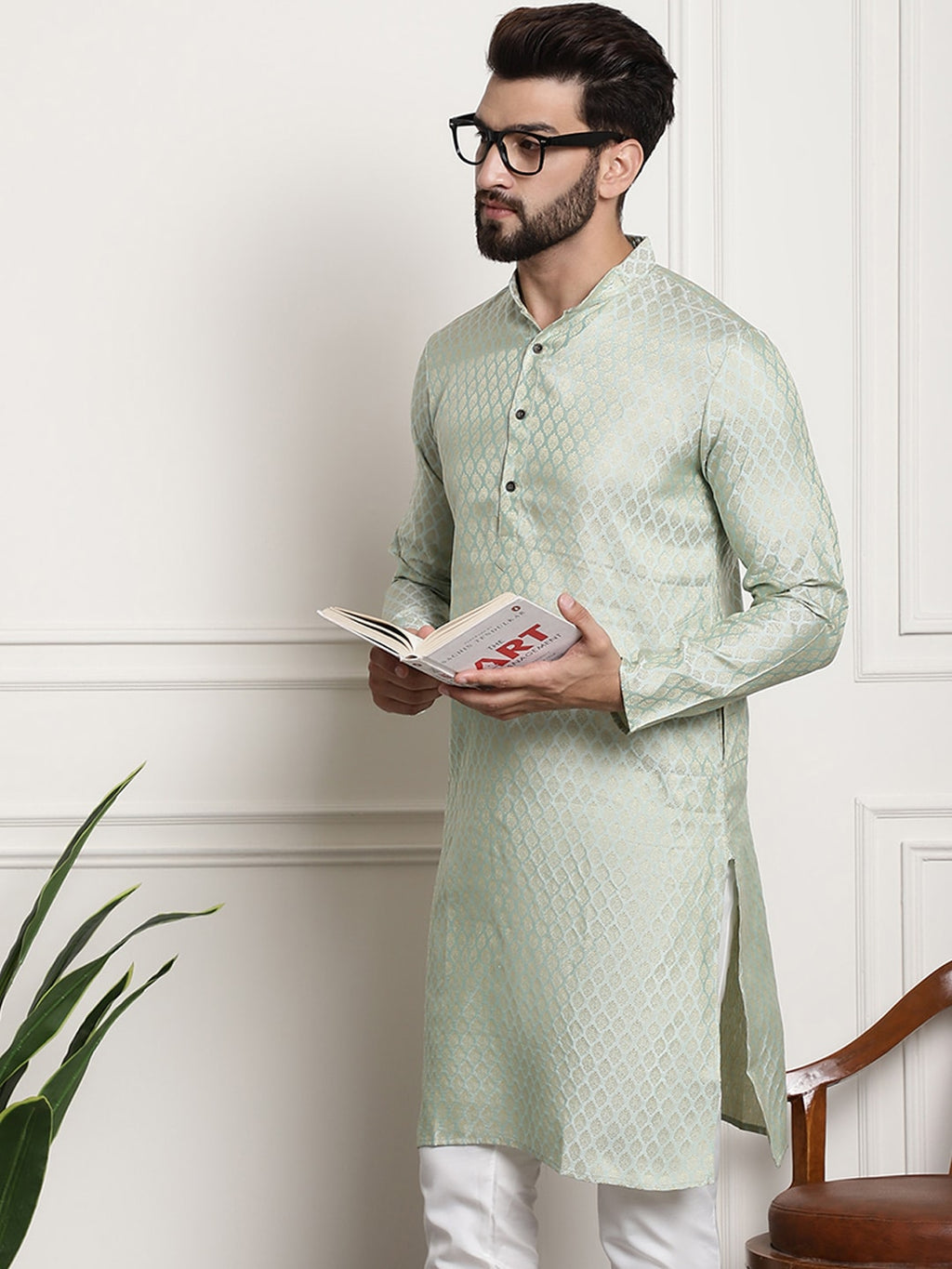 Sojanya Men Green & Beige Ethnic Motifs Jacquard Woven Design Straight Kurta | Grocsy
