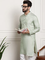 Sojanya Men Green & Beige Ethnic Motifs Jacquard Woven Design Straight Kurta | Grocsy
