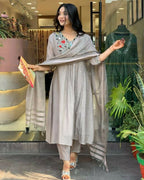 The52 Grey Women's Gorgeous Chinon Viscose Fabric Embroidered Work Straight Kurta Pant and Dupatta Set | Grocsy
