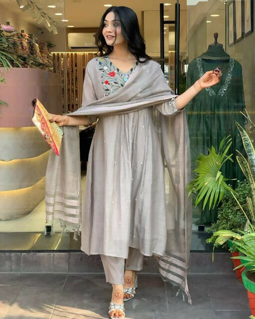 The52 Grey Women's Gorgeous Chinon Viscose Fabric Embroidered Work Straight Kurta Pant and Dupatta Set | Grocsy