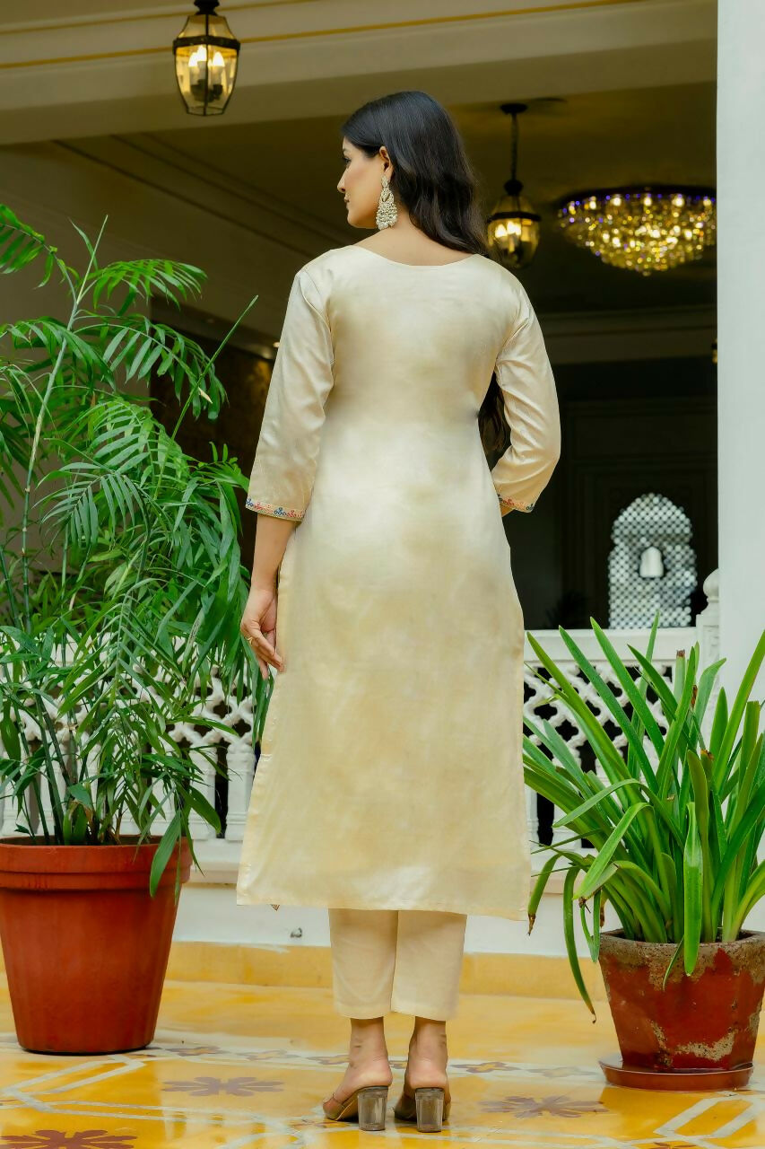 The52 Chiku Women's Beautiful Thread Work Viscose Assam Silk Fabric with Straight Kurta, Pant and Dupatta Set | Grocsy