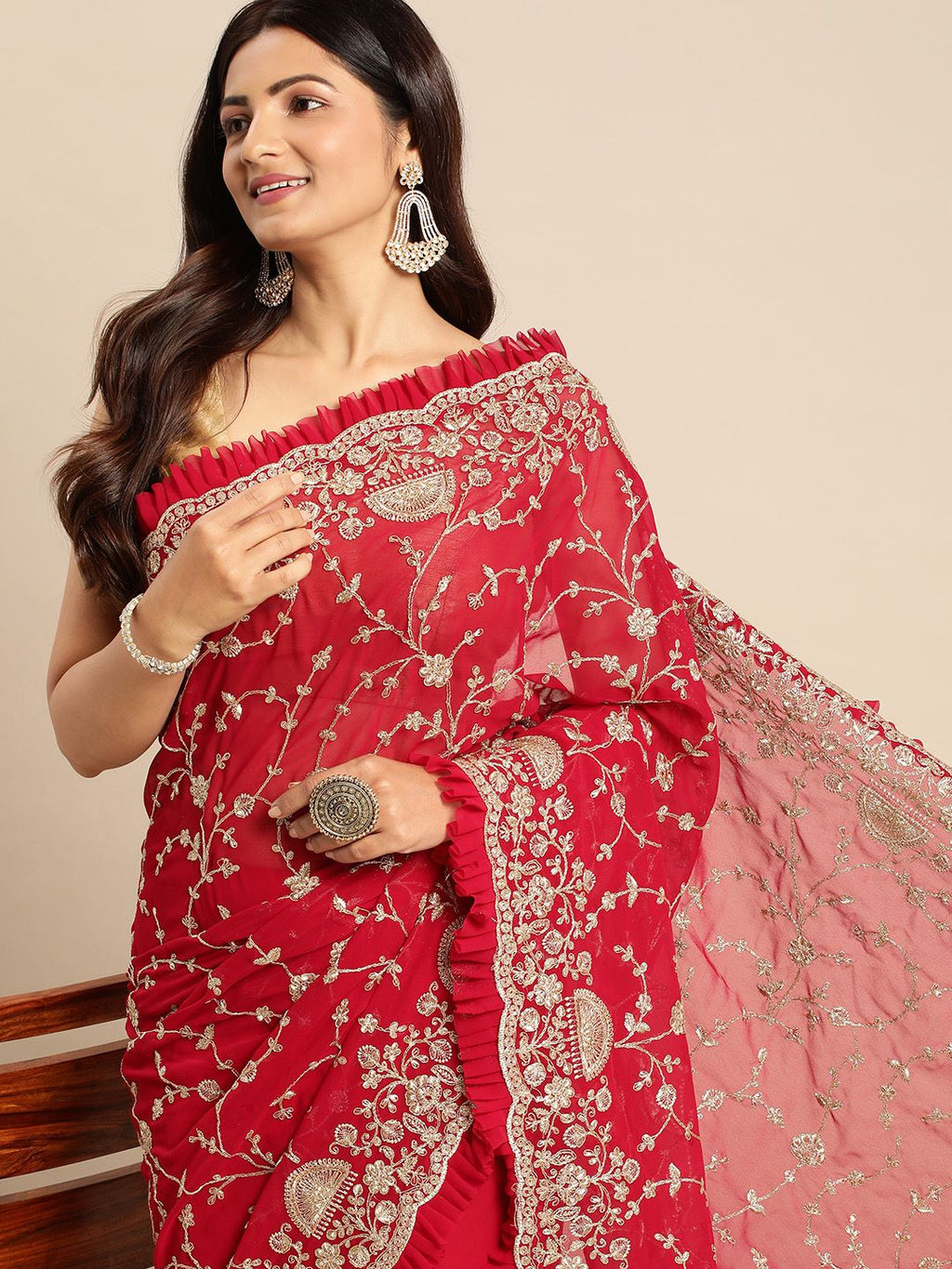 kasee Floral Zari Pure Georgette Saree | Grocsy