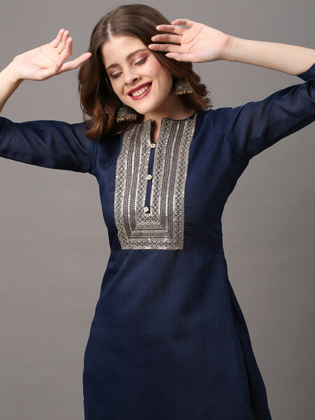 Saree Mall Navy Blue & Gold-Toned Embroidered Unstitched Dress Material | Grocsy