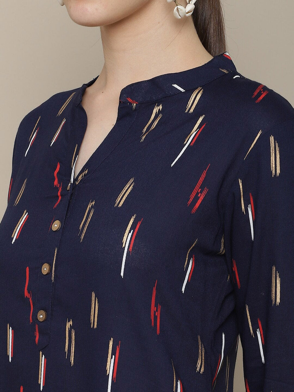 Sangria Women Navy Blue & Red Pure Cotton Geometric Printed Kurta | Grocsy