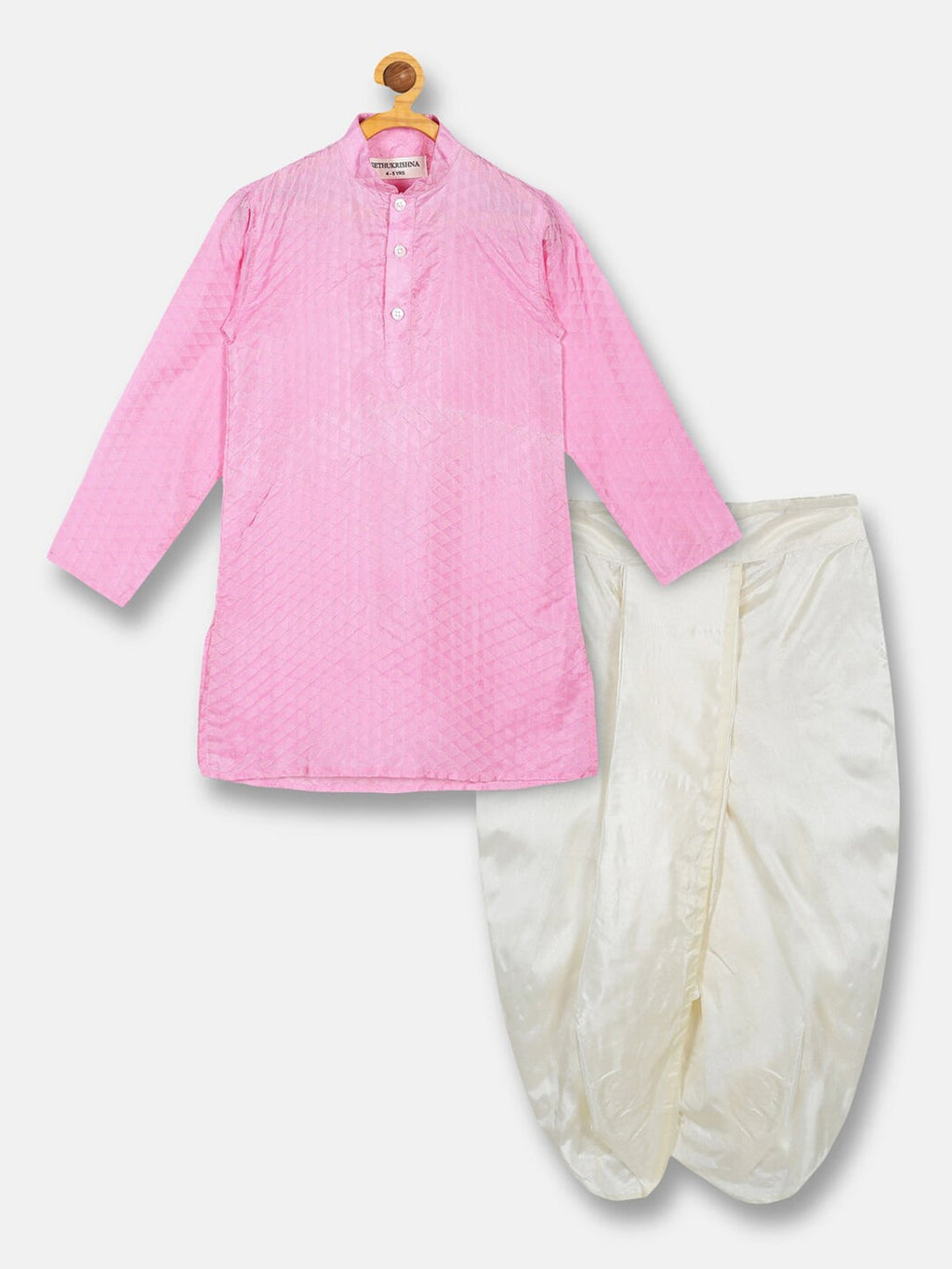 Sethukrishna Boys Pink & White Solid Shirt with Veshti Set | Grocsy
