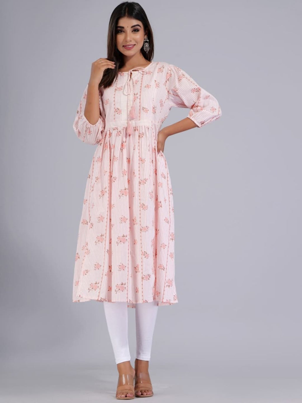 HERE&NOW Peach & White Floral Printed Tie-Up Neck Cotton A-Line Kurta | Grocsy