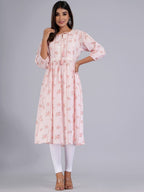 HERE&NOW Peach & White Floral Printed Tie-Up Neck Cotton A-Line Kurta | Grocsy