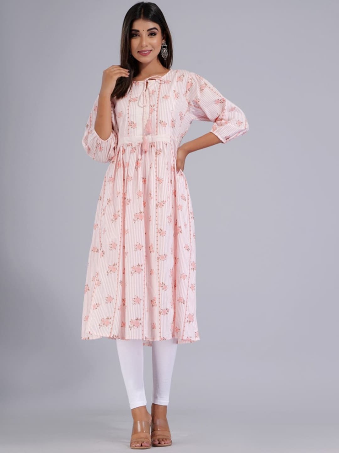 HERE&NOW Peach & White Floral Printed Tie-Up Neck Cotton A-Line Kurta | Grocsy