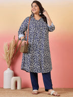Sztori Plus Size Floral Printed Shirt Collar Roll-Up Sleeves Crepe Pathani Kurta | Grocsy