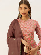 HERE&NOW Women Pink & Coffee Brown Printed Cotton Kurti with Sharara & With Dupatta | Grocsy
