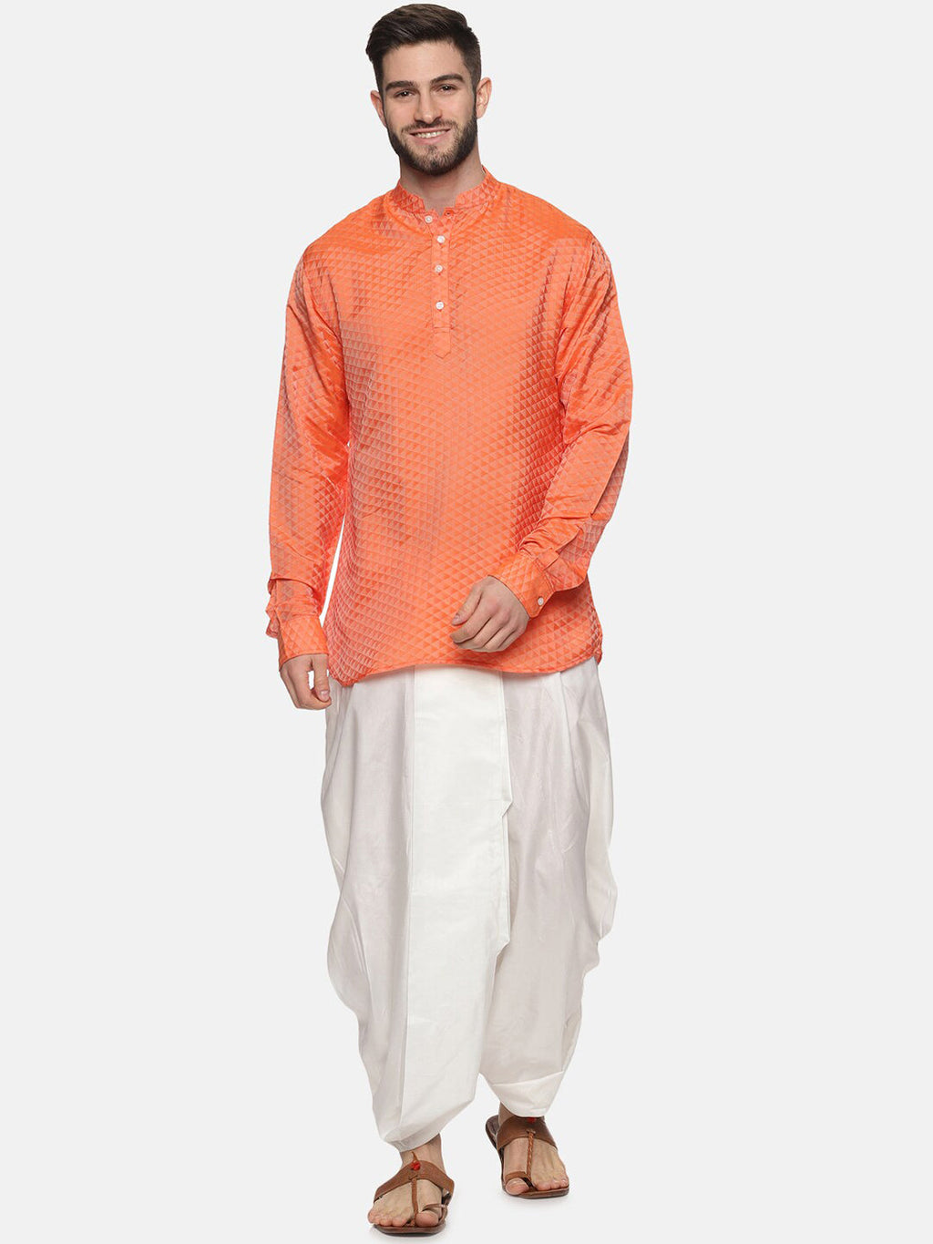 Sethukrishna Men Orange Empire Kurta with Dhoti Pants | Grocsy