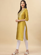HERE&NOW Yellow Woven Design Mirror Work Straight Kurta | Grocsy