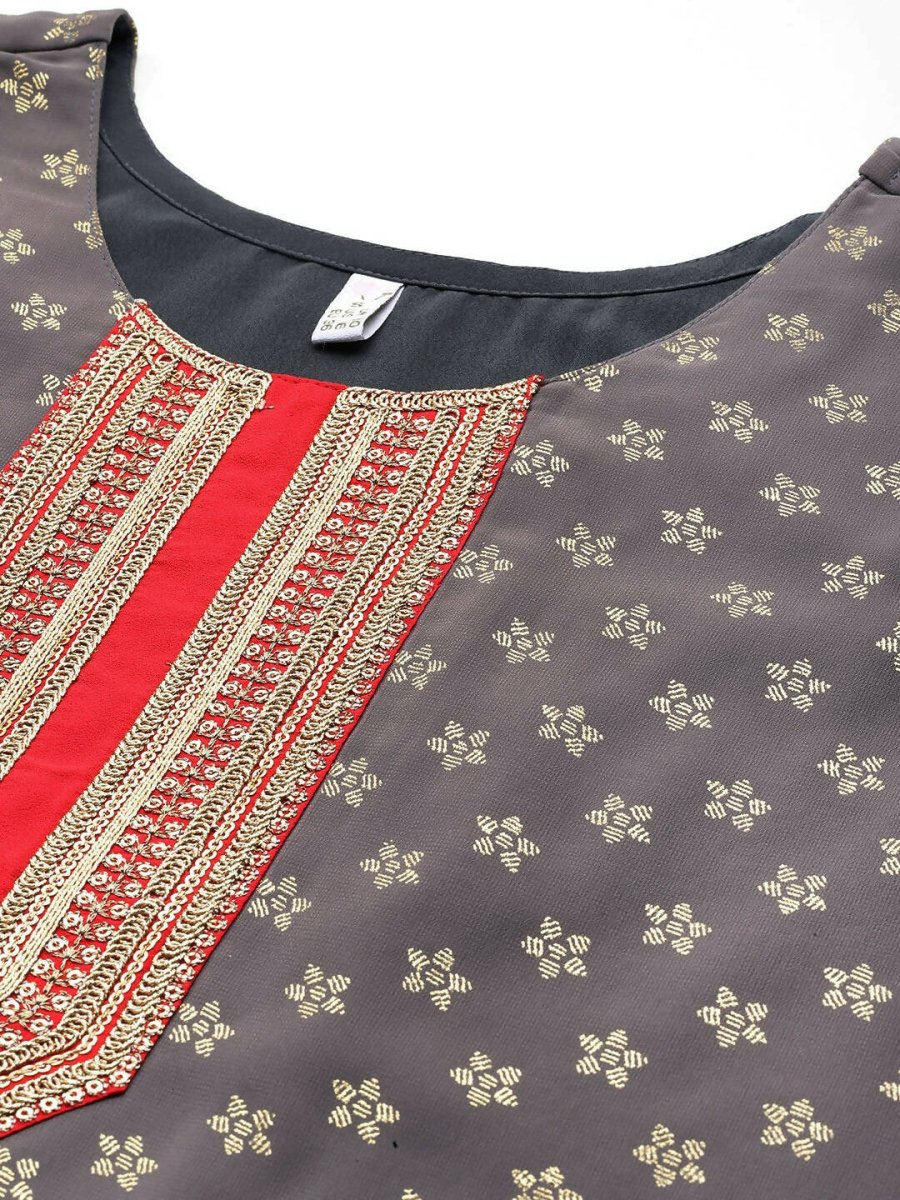 Ahalyaa Women Ethnic Motifs Printed Pleated Sequinned Kurta with Trousers - Grey Color | Grocsy
