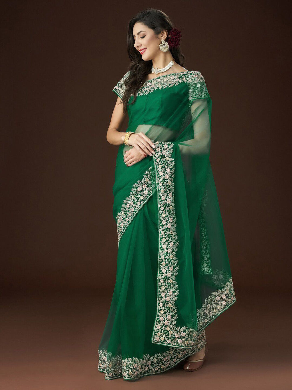 kasee Floral Embroidered Net Saree | Grocsy