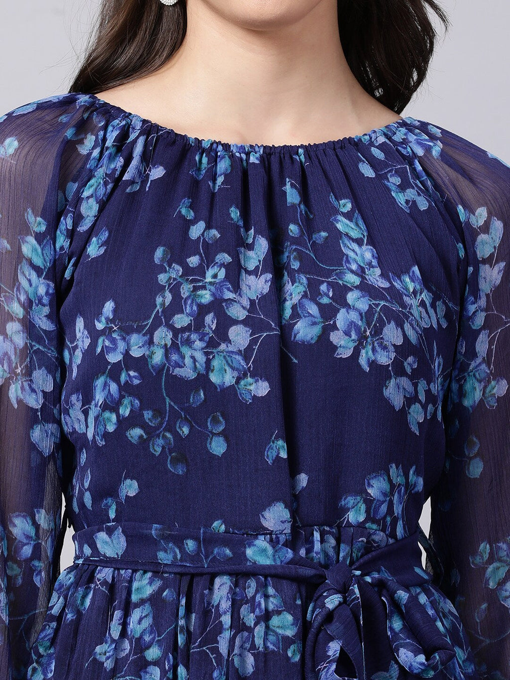 Souchii Navy Blue Floral Layered Chiffon A-Line Midi Dress | Grocsy