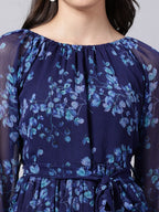 Souchii Navy Blue Floral Layered Chiffon A-Line Midi Dress | Grocsy