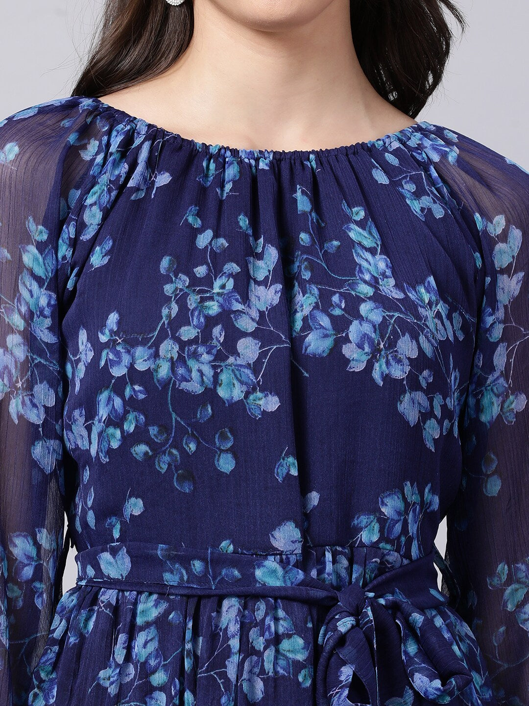 Souchii Navy Blue Floral Layered Chiffon A-Line Midi Dress | Grocsy