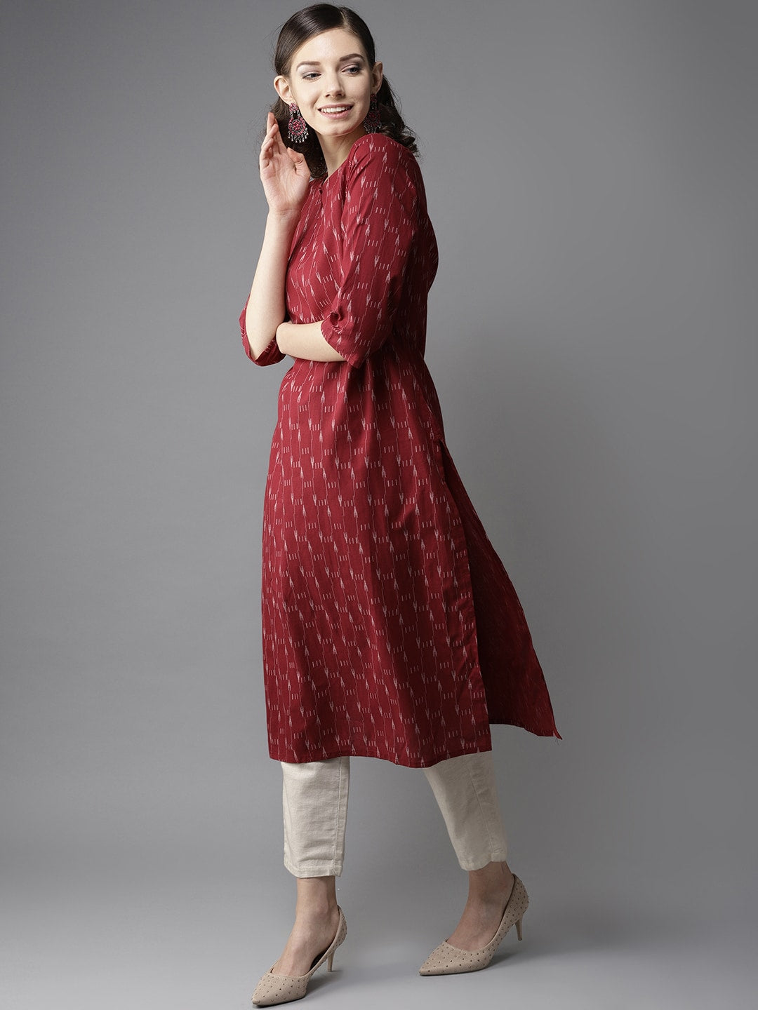 HERE&NOW Women Maroon & Off-White Printed Straight Kurta | Grocsy