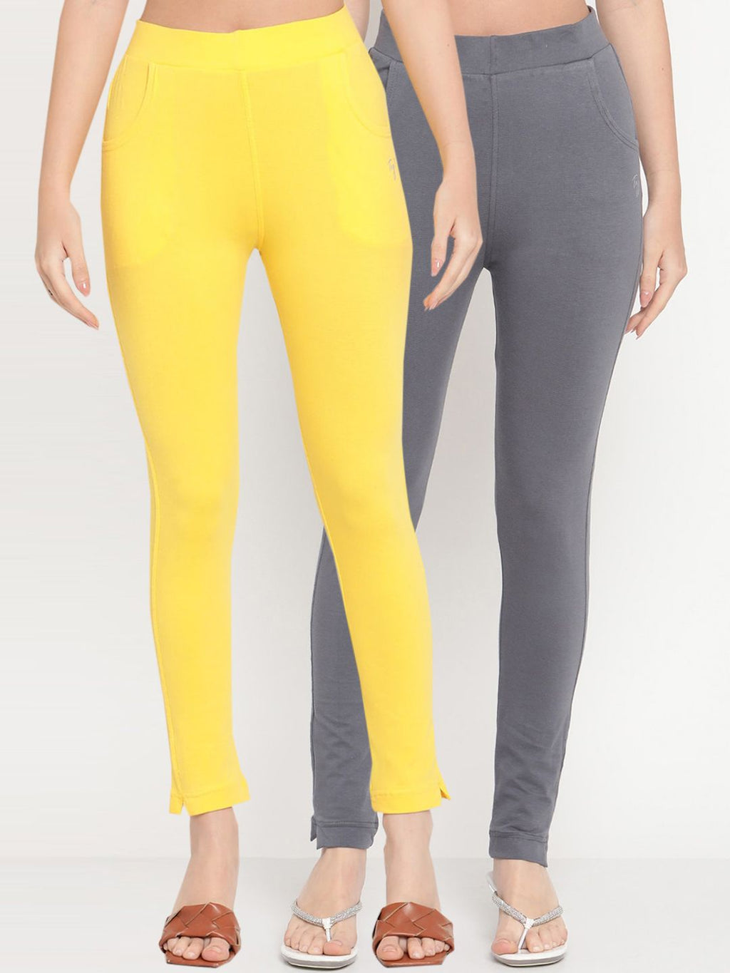 TAG 7 Women Yellow & Grey Ankle-Length Leggings Set of 2 | Grocsy