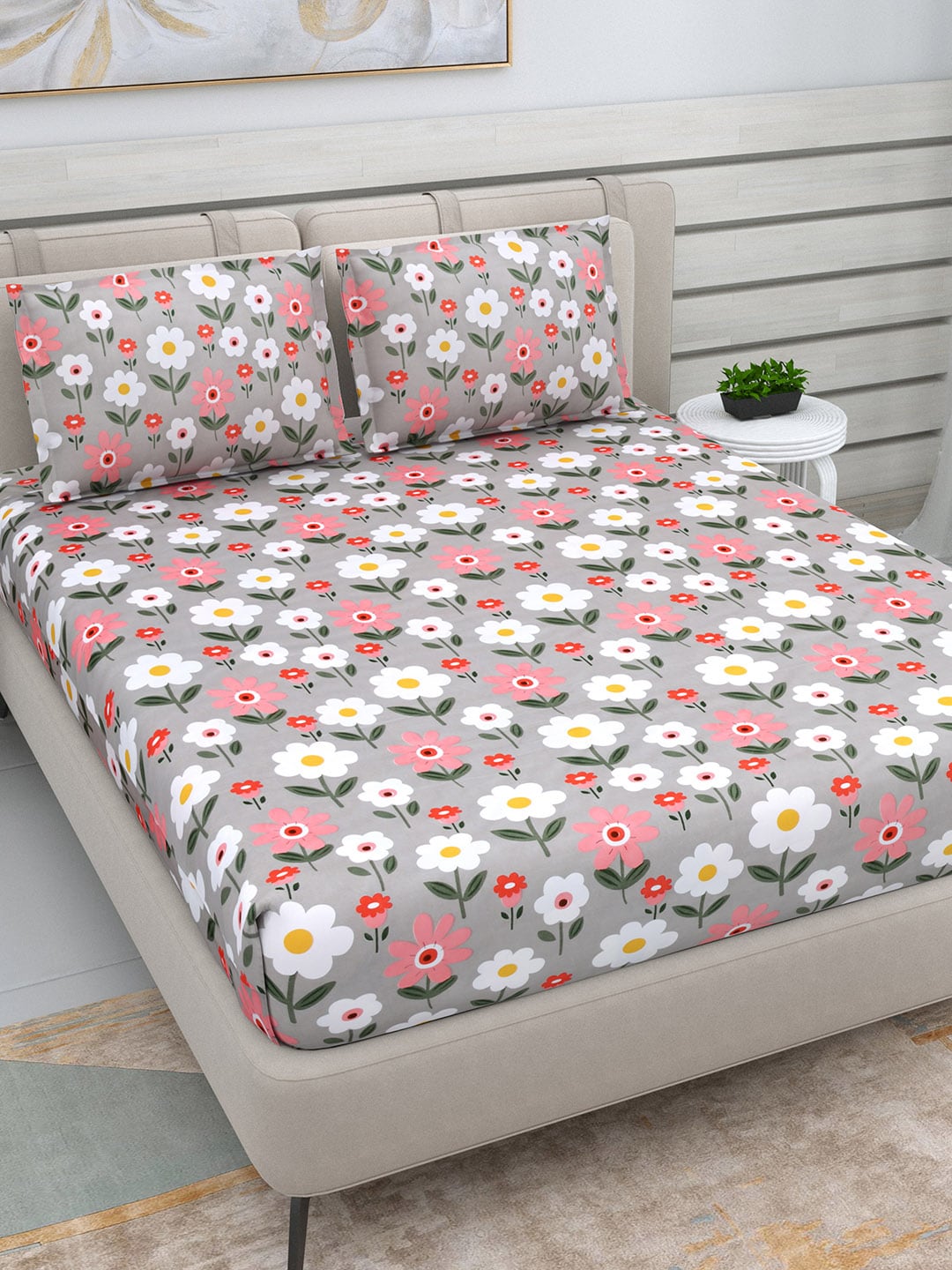 DREAM WEAVERZ Silver & Pink Pure Cotton Floral Queen Bedsheet with 2 Pillow Covers | Grocsy