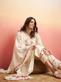 Sangria Pure Cotton Floral Embroidered Straight Kurta With Trousers & Dupatta | Grocsy
