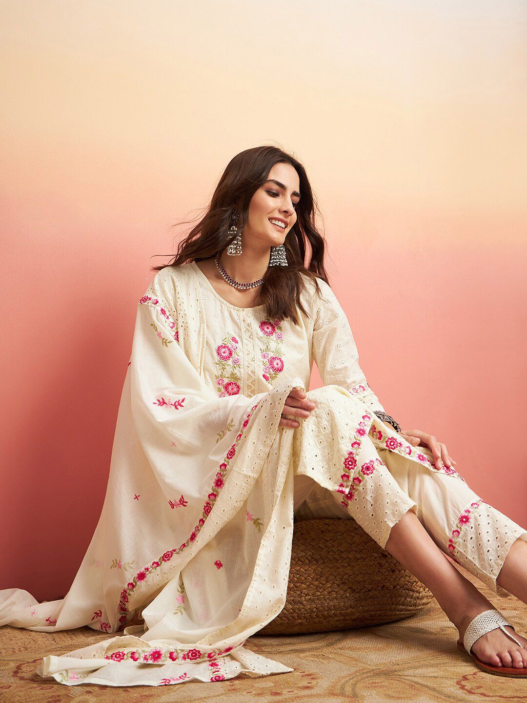 Sangria Pure Cotton Floral Embroidered Straight Kurta With Trousers & Dupatta | Grocsy