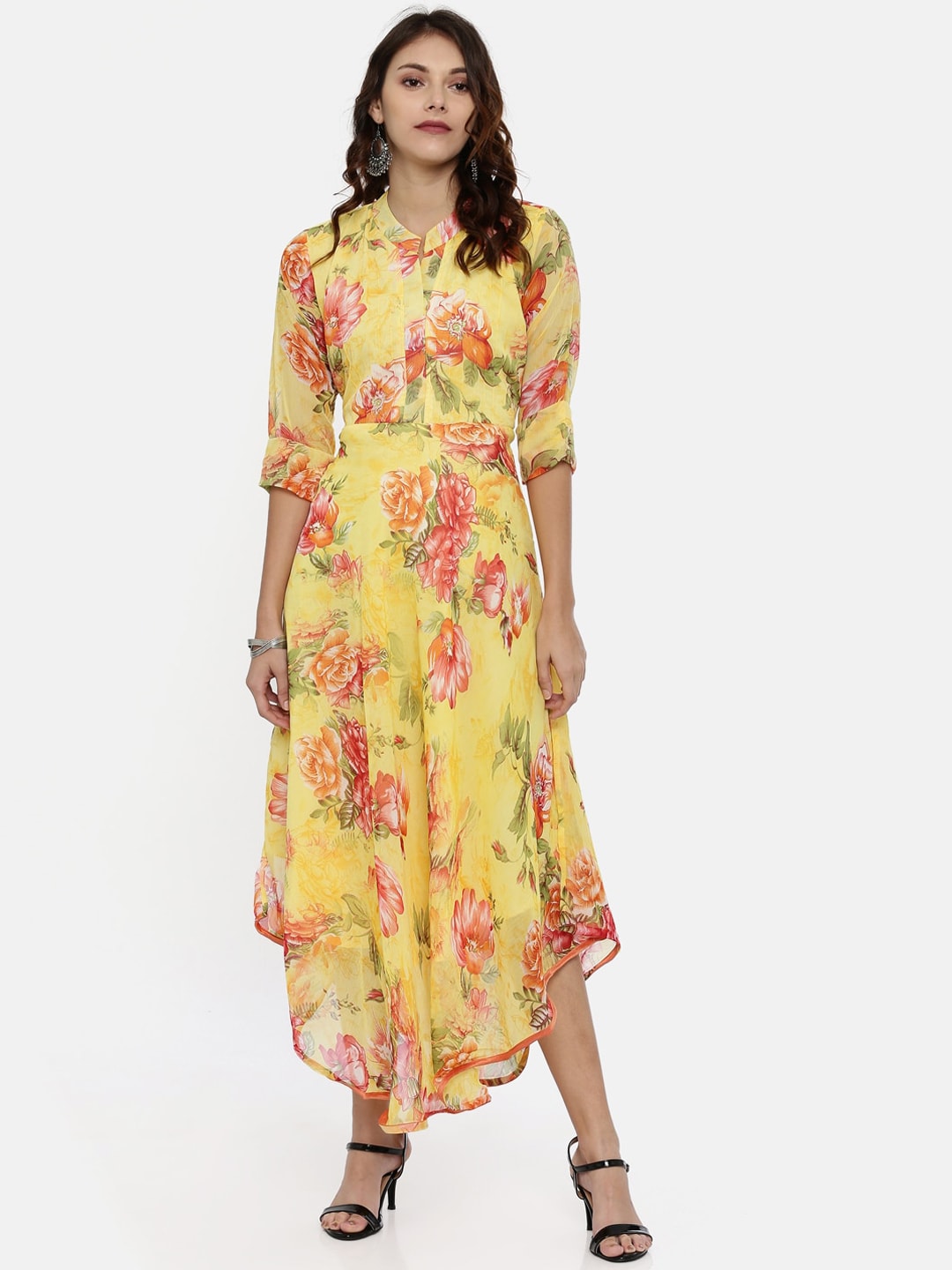 Souchii Yellow Printed Maxi Dress | Grocsy
