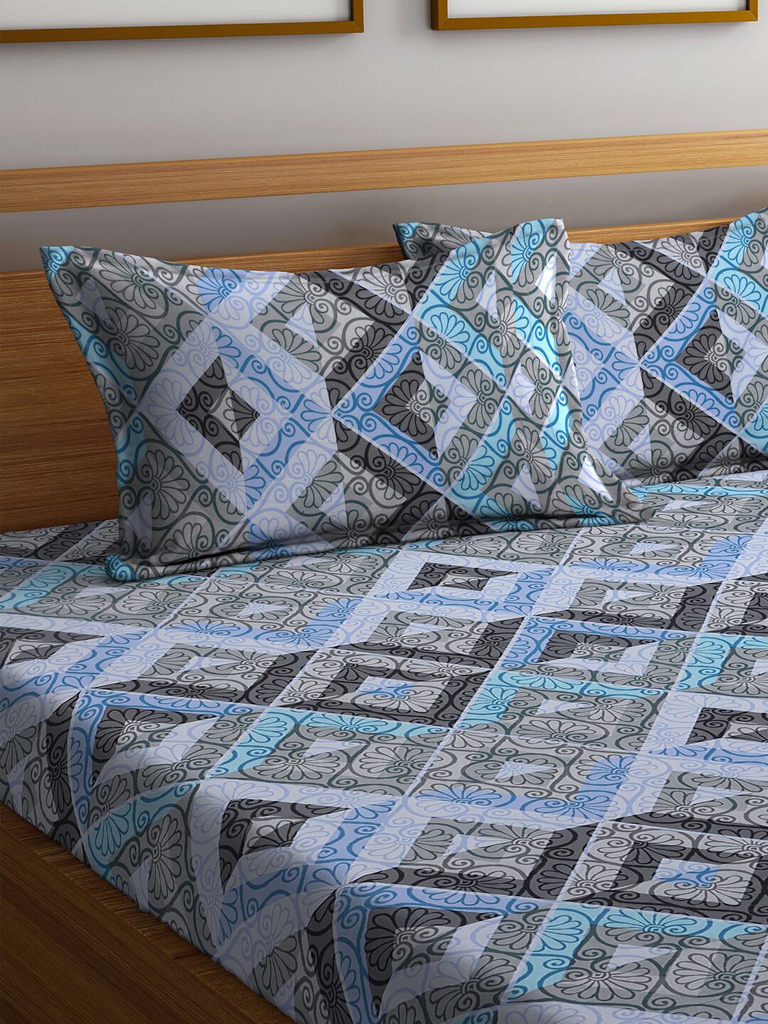 BOMBAY DYEING Epigram Blue & Grey Ethnic Cotton 120 TC Queen Bedsheet With 2 Pillow Covers | Grocsy