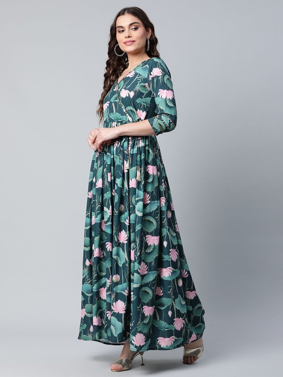 Ahalyaa Women Dark Green Crepe Digital Print Dress | Grocsy