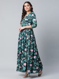 Ahalyaa Women Dark Green Crepe Digital Print Dress | Grocsy