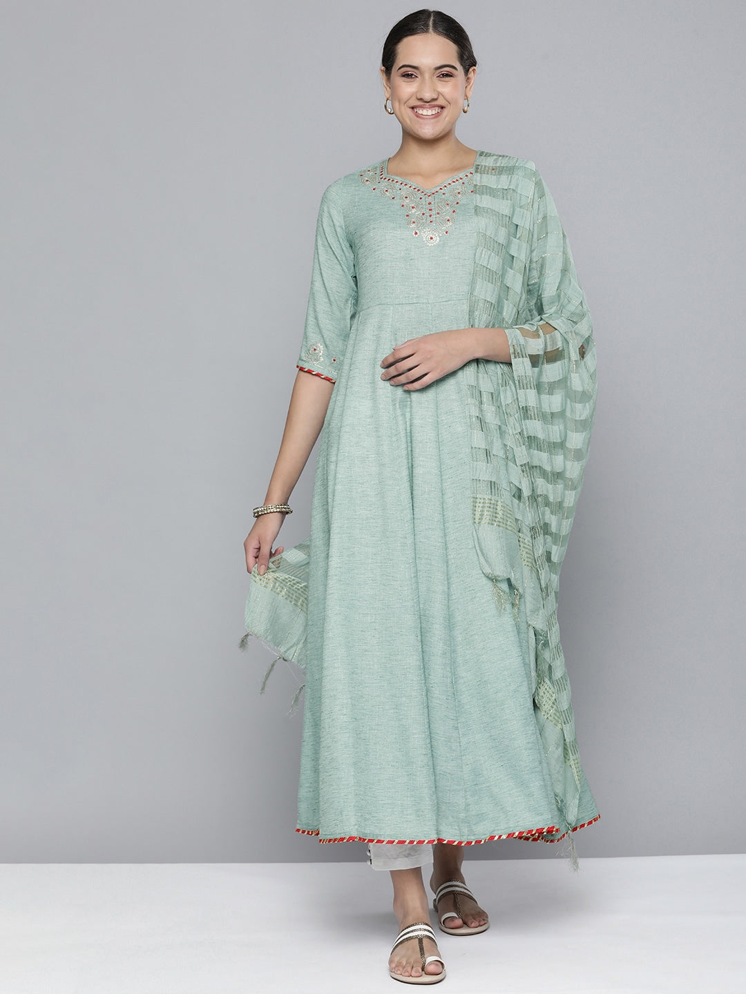 HERE&NOW Women Embroidered Ethnic Motifs Yoke Design Anarkali Kurta | Grocsy