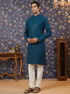 House of Pataudi Ethnic Motifs Embroidered Sequinned Straight Kurta With Churidar | Grocsy