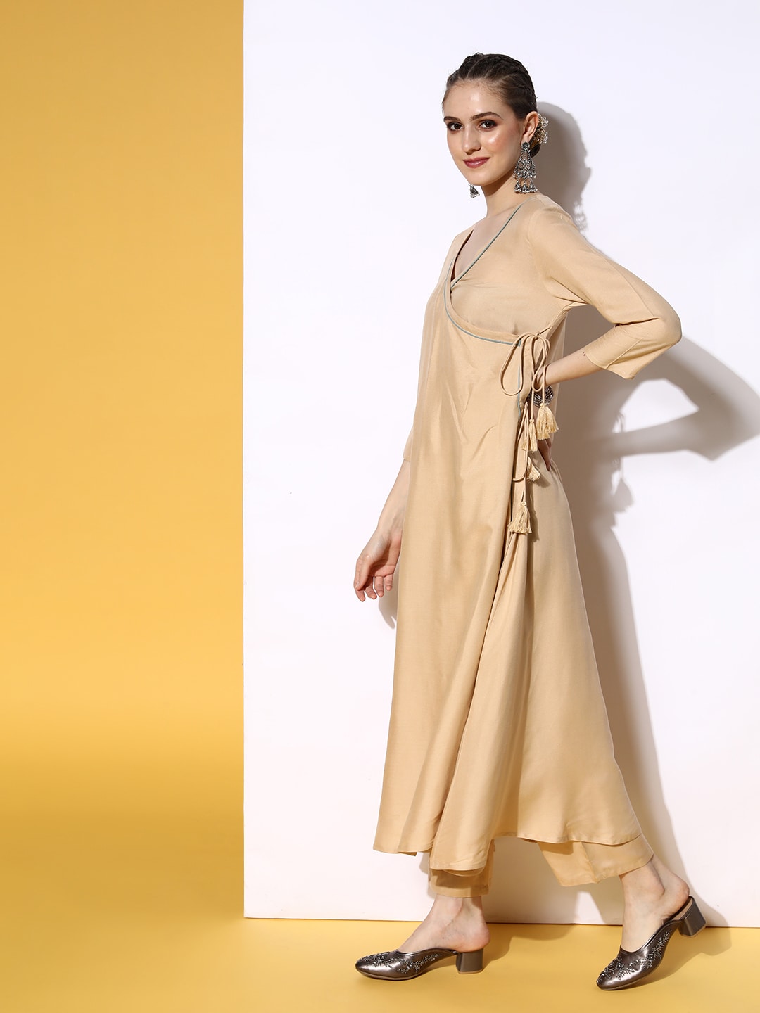 HERE&NOW Women Solid Viscose Rayon Fluid Tie-Up Kurta Set | Grocsy