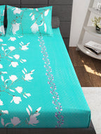 Story@home Sea Green & White Floral 152 TC Cotton 1 Queen Bedsheet with 2 Pillow Covers | Grocsy