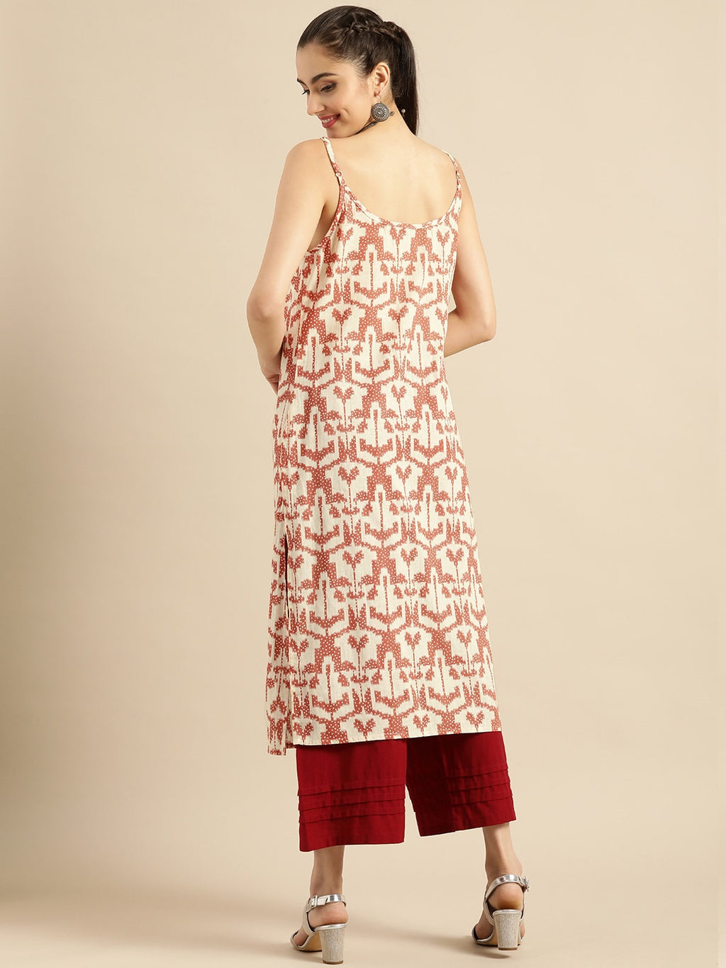 Sangria Women White & Rust Red Printed Cotton Kurta | Grocsy