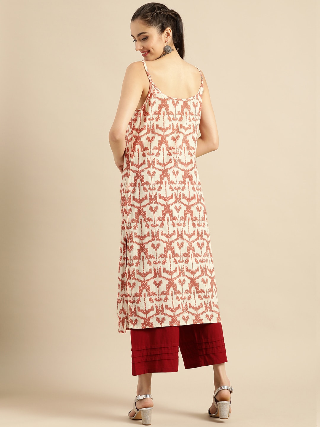 Sangria Women White & Rust Red Printed Cotton Kurta | Grocsy
