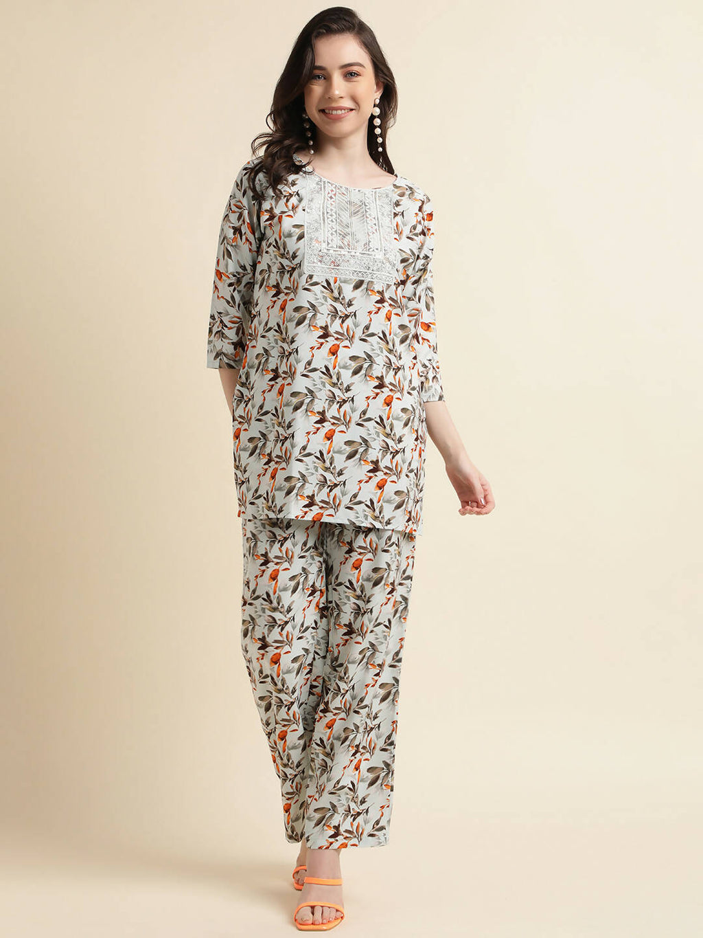 Grey Poly Crepe Digital Printed Top with Matching Bottom - Preeti | Grocsy