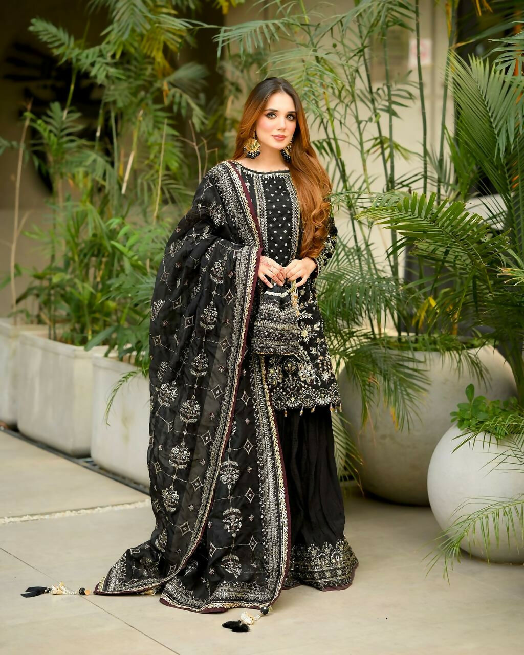 Teeya Creation Black Faux georgette Designer heavy work Wedding Wear Palazzo pair | Grocsy