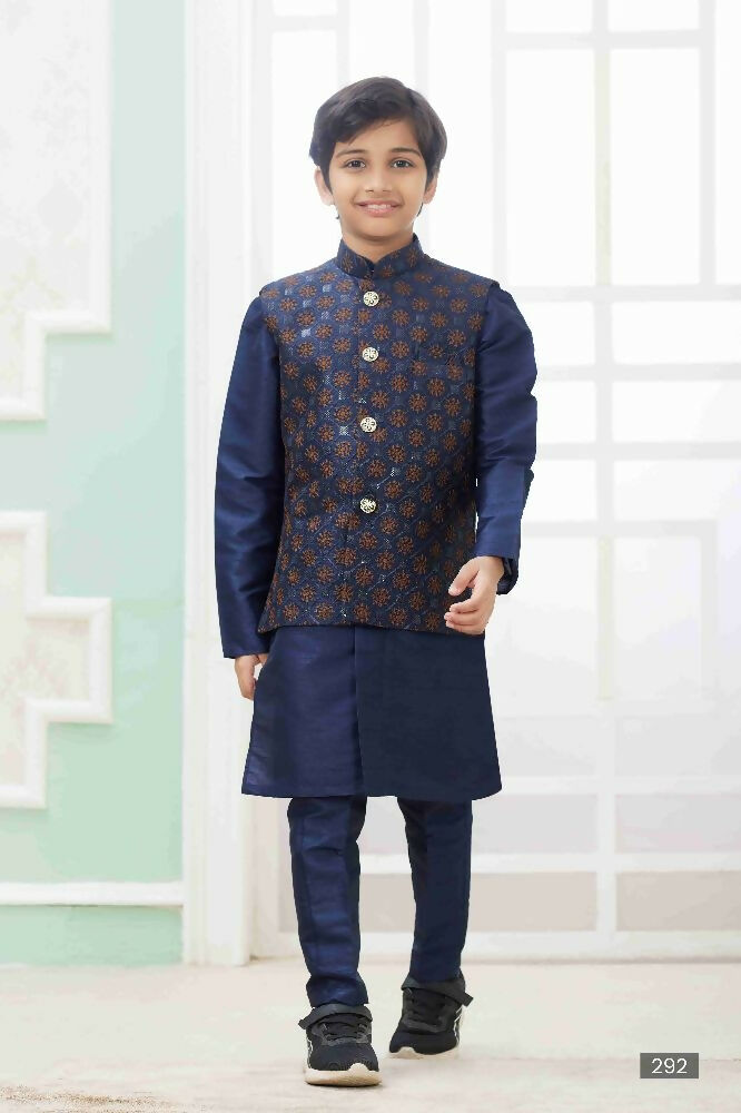 Raivat Ethnic Art Silk Embroidery Work 3 Pics Jacket Set In Navy Blue Colour | Grocsy