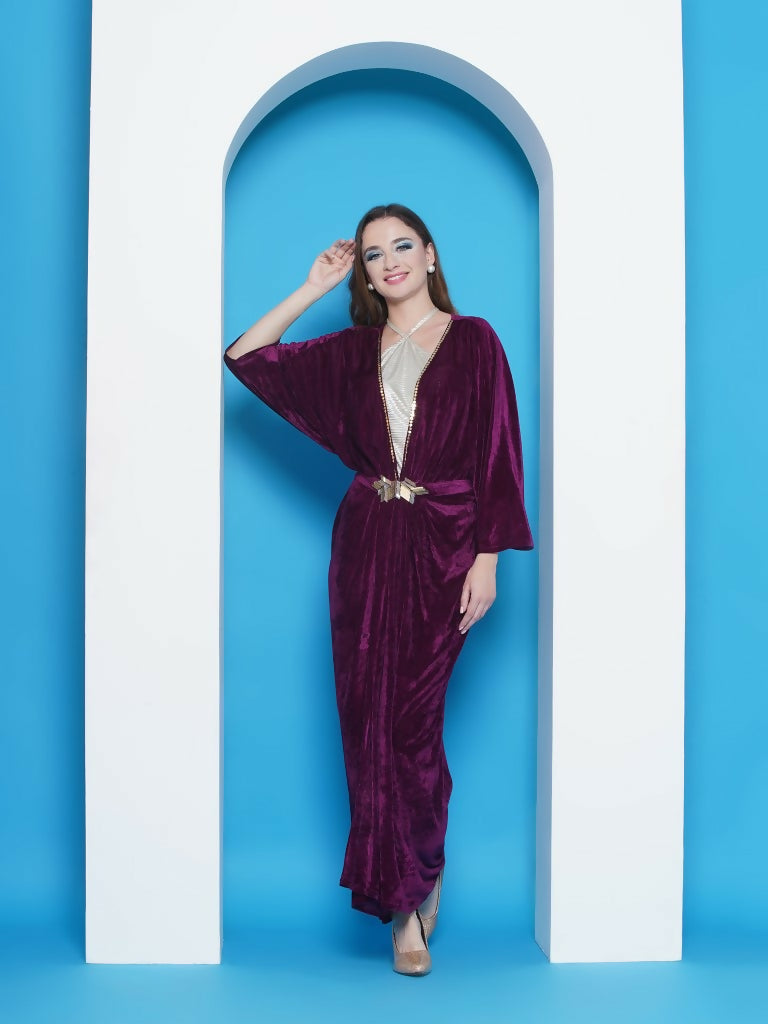 Joban Fashion Wine Velvet Gown With Silver Halter Neck Ineer | Grocsy