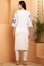 Cheera Women Stylish Hand Block Printed Cotton Blend Flared Kurta - Off White | Grocsy