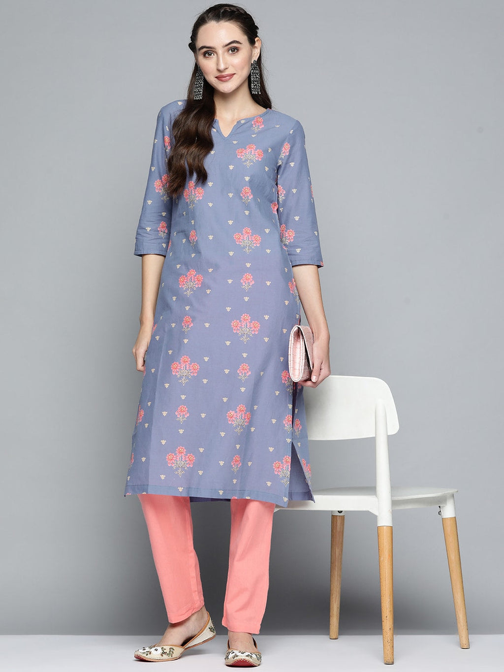 HERE&NOW Women Lavender & Pink Printed Pure Cotton Straight Kurta | Grocsy